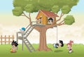 Cute happy cartoon kids playing in house tree