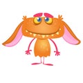 Cute happy cartoon monster with big ears. Vector orange monster. Halloween troll, gremlin or troll.