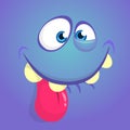 Cute happy cartoon monster face with big eyes showing tongue. Vector Halloween blue monster. Royalty Free Stock Photo