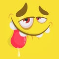 Cute happy cartoon monster face with big eyes showing tongue. Vector Halloween yellow monster. Royalty Free Stock Photo