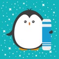 Cute happy cartoon penguin with snowboard greeting card for Merry Christmas and New YearÃ¢â¬â¢s celebration under snow and stars Royalty Free Stock Photo