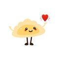 Cute happy cartoon style pierogi, filled dumpling character holding big red heart in hand. Love, like concept