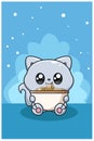 Cute and happy cat eating noodle animal cartoon illustration