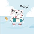 cute happy white cat in life ring on the sea drawing vector