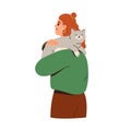 Cute happy cat lying on girl shoulder. Woman caring about lovely adorable kitty