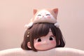 Cute happy cat lying on girl shoulder. Woman caring about lovely adorable kitty.