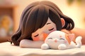 Cute happy cat lying on girl shoulder. Woman caring about lovely adorable kitty.