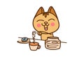 Cute Happy Cat pouring sugar in cup of tea.