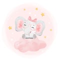 cute happy cheerful smile baby pink elephant girl sitting on pink cloud, adorable nursery birthday wildlife animal watercolor Royalty Free Stock Photo