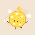 Cute happy cheese pizza character.
