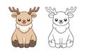 Cute happy chibi style sitting reindeer with antlers animal outline and colored doodle cartoon illustration set. Royalty Free Stock Photo