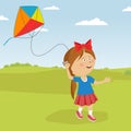 Cute happy child girl with a kite running on meadow in summer in nature Royalty Free Stock Photo