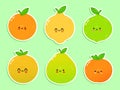 Cute happy citrus icons set. Vector hand drawn trendy cartoon character illustration. Set of citrus for a postcard
