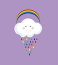 Cute happy cloud with colorful rain drops.Rainbow vector background. Royalty Free Stock Photo