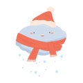 Cute happy cloud in scarf and red Santa hat with falling snowflakes. Snow and cold winter weather icon with funny