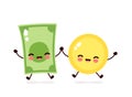 Cute happy coin and money banknote