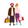 Cute happy couple carrying shopping bags. Smiling man and woman holding their purchases. Pair of shopaholics. Funny