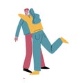 Happy woman in blue jeans hugging man lovingly. Vector illustration in flat cartoon style. Royalty Free Stock Photo