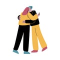 A red-haired woman in black jeans hugging man lovingly. Vector illustration in flat cartoon style.