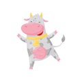 Cute happy cow with golden bell having fun, funny farm animal cartoon character vector Illustration on a white Royalty Free Stock Photo