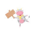 Cute happy cow with wooden signboard, funny farm animal cartoon character vector Illustration on a white background Royalty Free Stock Photo