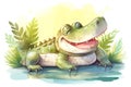 Cute happy crocodile sunbathing, concept of Nature's harmony