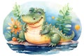 Cute happy crocodile sunbathing, concept of Nature's harmony