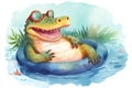 Cute happy crocodile sunbathing, concept of Nature's harmony