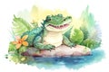 Cute happy crocodile sunbathing in watercolor illustration, created with Generative AI technology