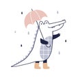 Cute happy crocodile walking under umbrella in rainy weather. Funny alligator animal in rain. Childish character in