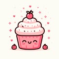 Cute happy cupcake with berries and hearts. Vector illustration, kawaii happy cupcake emoticon, generative ai