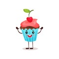 Cute happy cupcake cartoon character vector Illustration