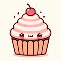 Cute happy cupcake with a cherry. Vector illustration in cartoon style, kawaii cupcake icon, generative ai