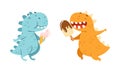 Cute happy dinosaurs eating ice cream. Adorable baby animals enjoying of eating tasty dessert cartoon vector