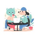 Cute happy dog and cat work and drink coffee