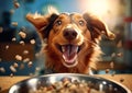 Cute happy dog eating food steel from bowl.Macro.AI Generative