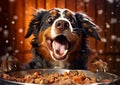 Cute happy dog eating food steel from bowl.Macro.AI Generative