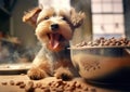 Cute happy dog eating food steel from bowl.Macro.AI Generative