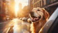 Cute happy dog enjoying car ride with head out of window, motion blur background, focus on dogs face Royalty Free Stock Photo