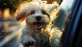 Cute happy dog with head out of car window enjoying high speed ride with motion blurred background Royalty Free Stock Photo