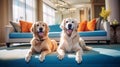 Cute happy dogs at pet friendly hotel, holidays trip with pet concept. Generative AI