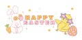 Cute Happy Easter banner with Groovy Easter Chicks and Retro bunny. Playful cartoon doodle animal character hand drawing