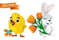 Cute happy easter bunny and sweet baby chick with orange tulip flowers bouquet isolated on white background. Vector funny cartoon Royalty Free Stock Photo