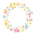 Easter frame with bunny, eggs, rainbow, flowers Royalty Free Stock Photo