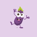 Cute happy eggplant mascot standing on one foot with big smile