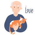 Cute happy elderly man with sleeping ginger cat. Vector illustration. concept of love for pets and happy old age. Old Royalty Free Stock Photo