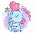 Cute Happy Elephant Hold Balloon and Playing with Butterfly. Colorful Cartoon Illustration Royalty Free Stock Photo