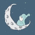 Cute happy elephant sits on the moon