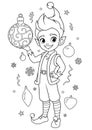 Cute happy Elf boy with Christmas ball. Santas little helper coloring book page for kids vector illustration. Royalty Free Stock Photo