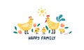 A cute happy family of birds. Rooster chicken and chicks together. Children's naive cartoon style.